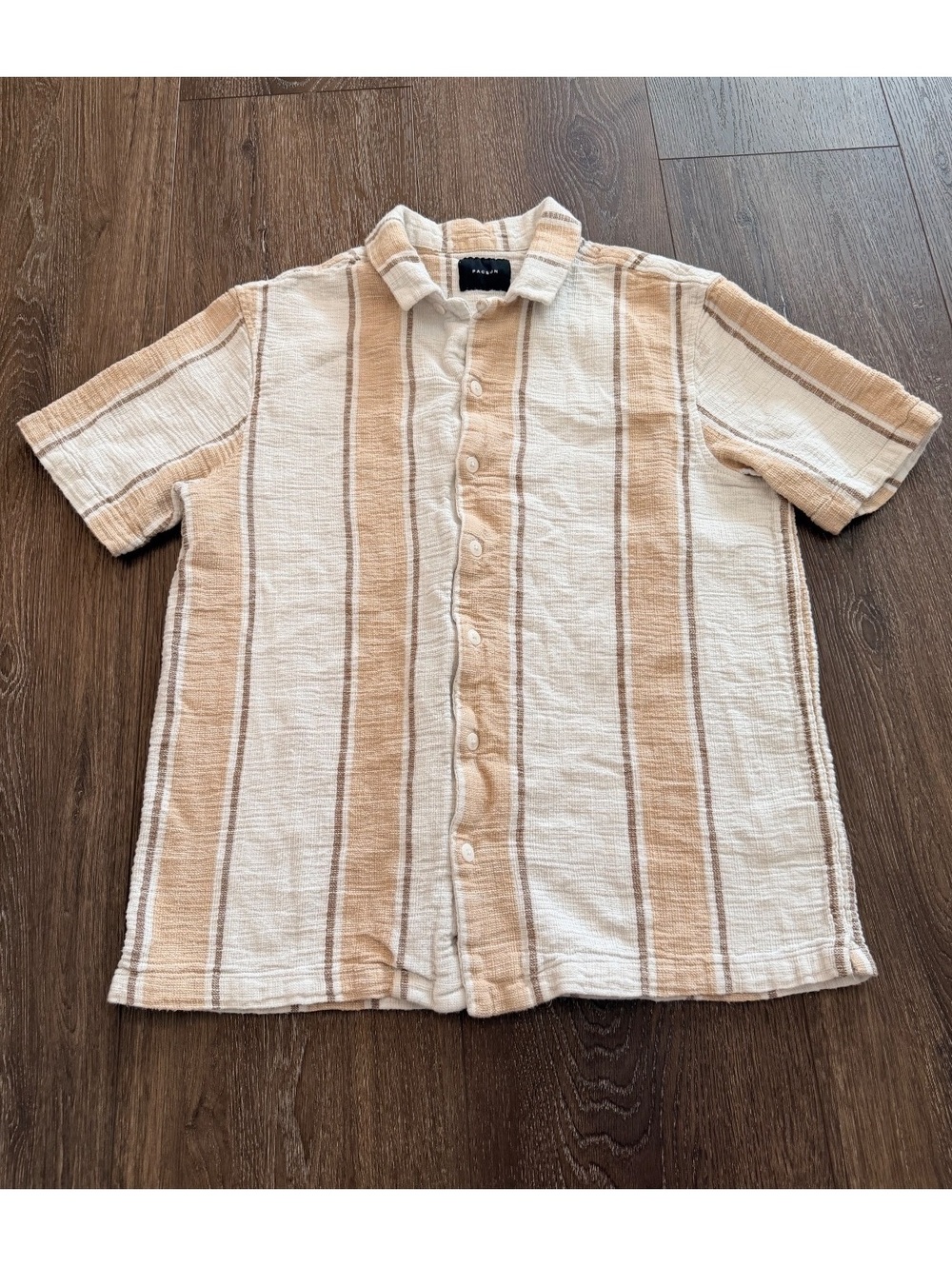 PacSun 100% Cotton Gauze Striped Button Up Shirt Neutral Beige